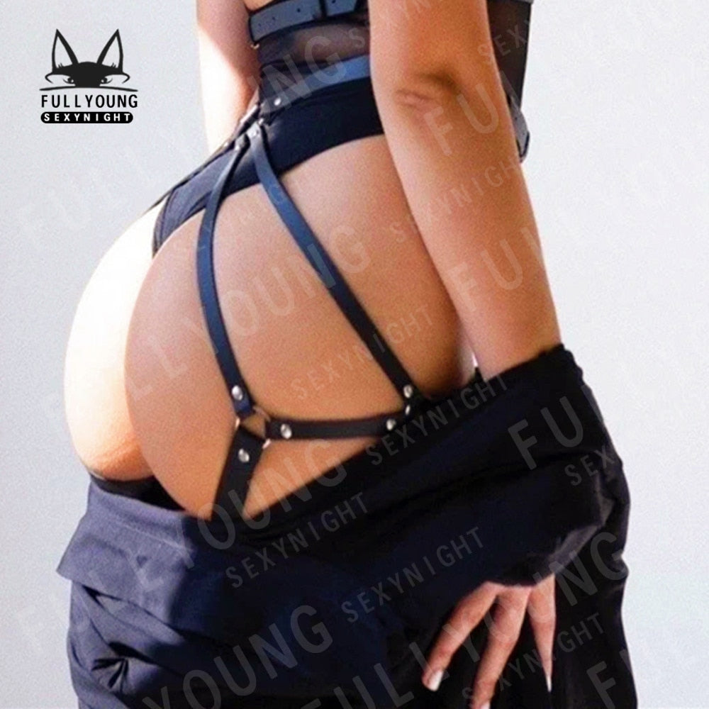 Women Leather Chain Harness Leg Garter Belt Sexy Body Bondage Female Fetish Lingerie